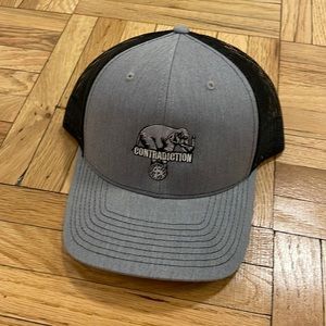 Gray and black snap back trucker hat - Contradiction brand logo